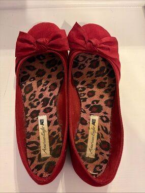 American Eagle Outfitters Red Bow Leopard-Insole Ballet Flats
